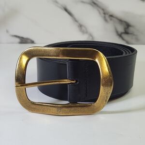 Anthropilogie Classic Black Leather Belt with Antique Gold Buckle XL